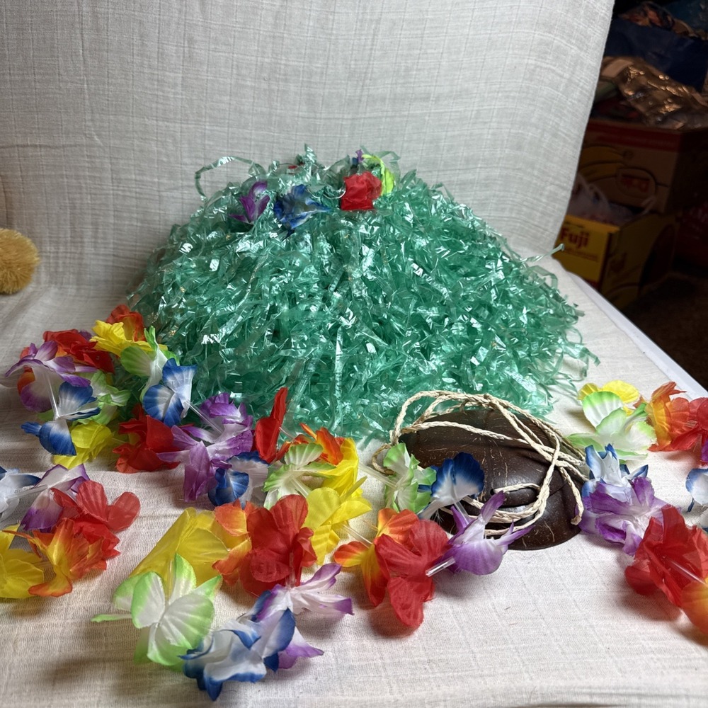 Child Hula Costume 6pc Set Green Skirt Lei Headband Arm Bands Coconuts Halloween